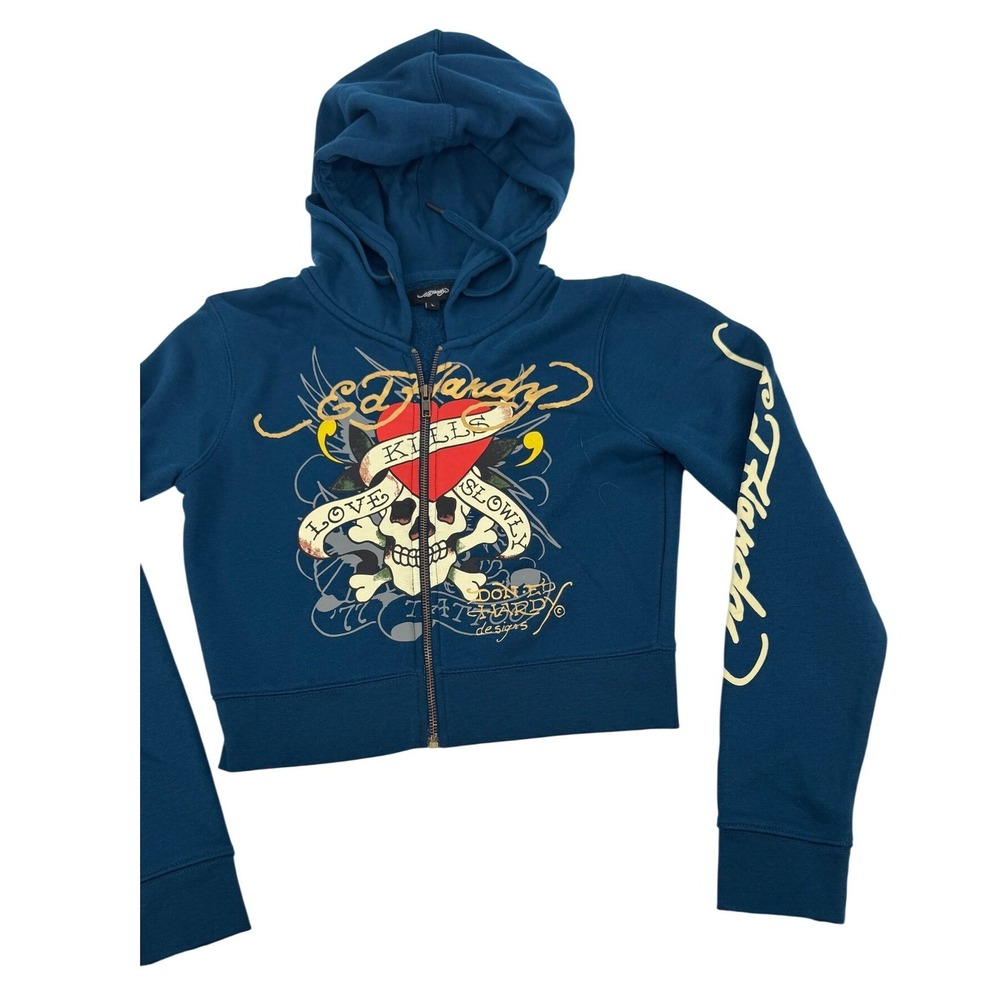 Ed Hardy Hoodie Women Large Teal Blue Love Kills Slowly Graphic Cropped Zip Up